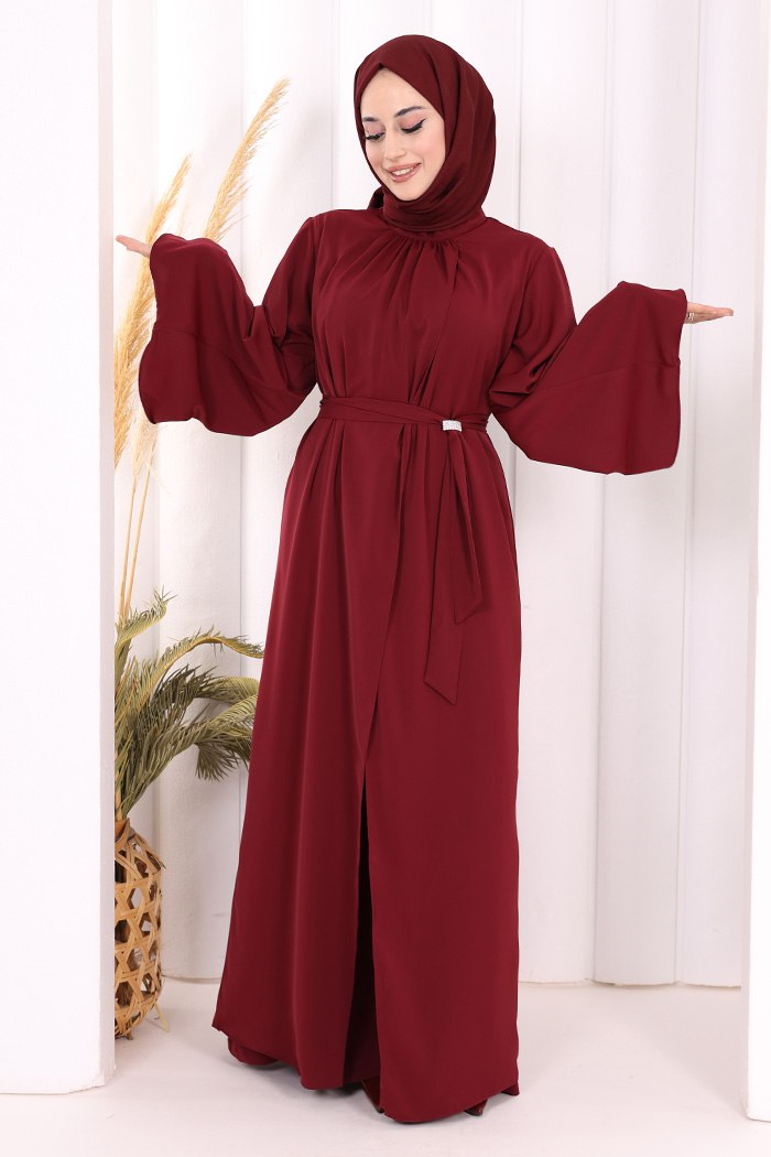Broş Detaylı Tulum Abaya ve Takım Bordo
