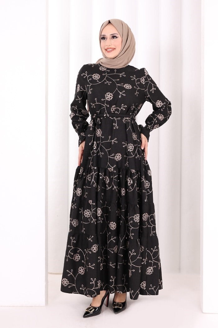 Çiçekli Nakışlı Elbise Vizon