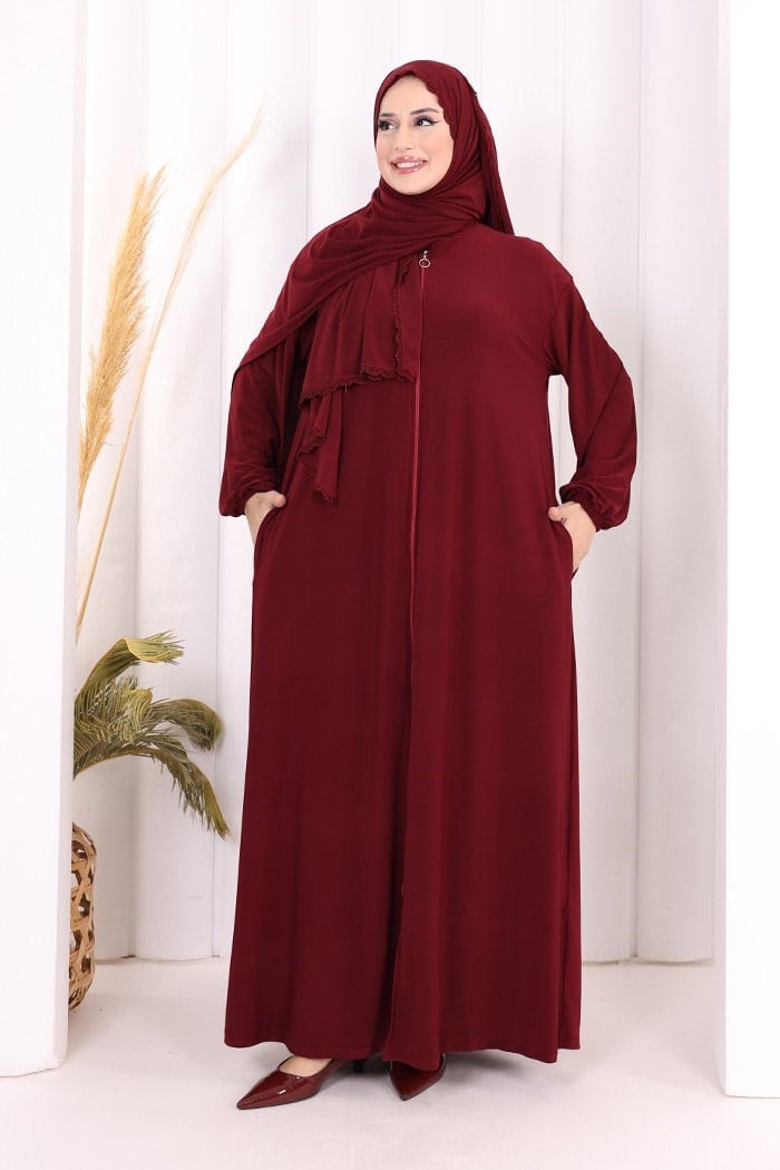 Dantel Detay Şallı Namaz Feracesi Bordo