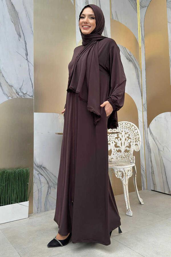 Dantel Detay Şallı Namaz Feracesi Kahverengi 