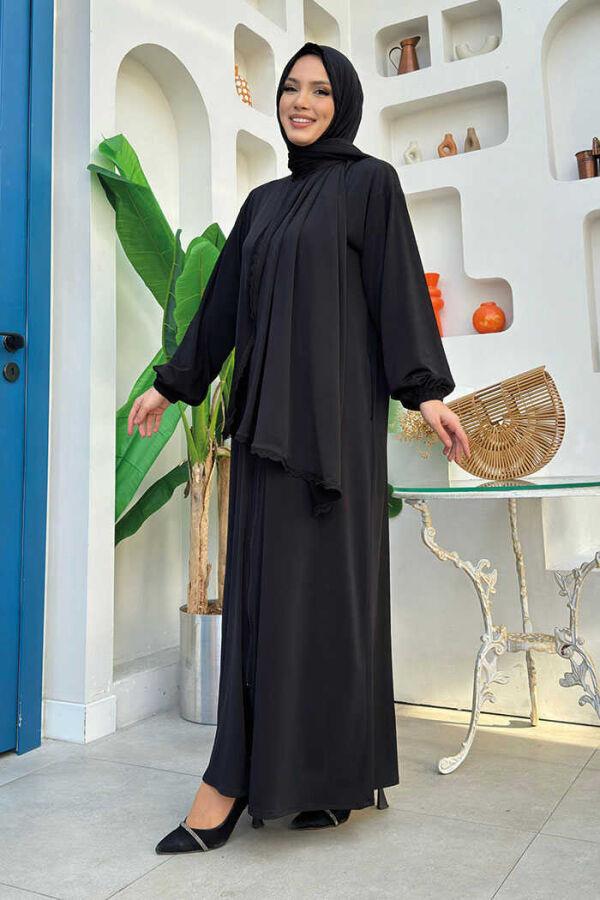 Dantel Detay Şallı Namaz Feracesi Siyah