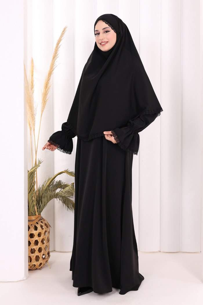 Dantelli Sufleli Elbise Siyah