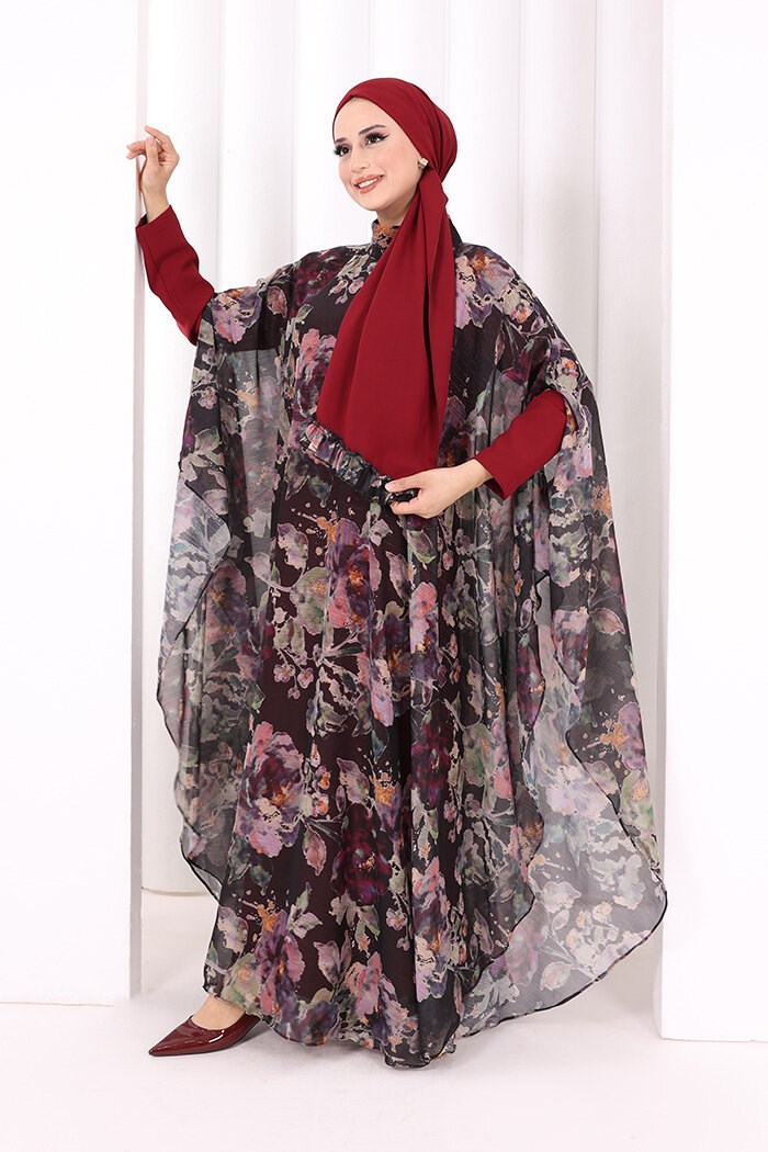 Desenli Şallı Elbise Siyah