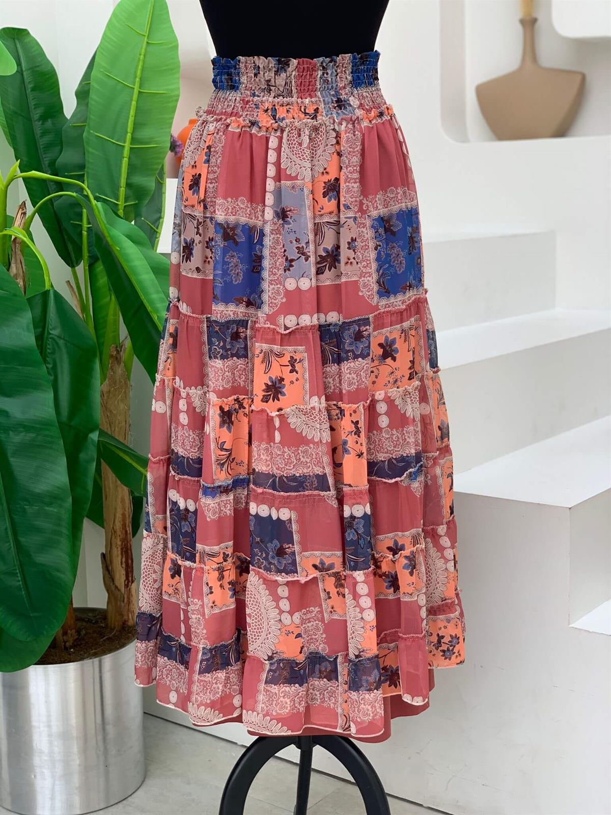 Desenli Şifon Etek Gül Kurusu