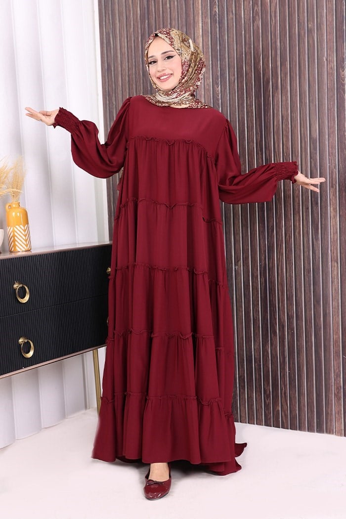 Dubai Katlı Salaş Elbise Bordo