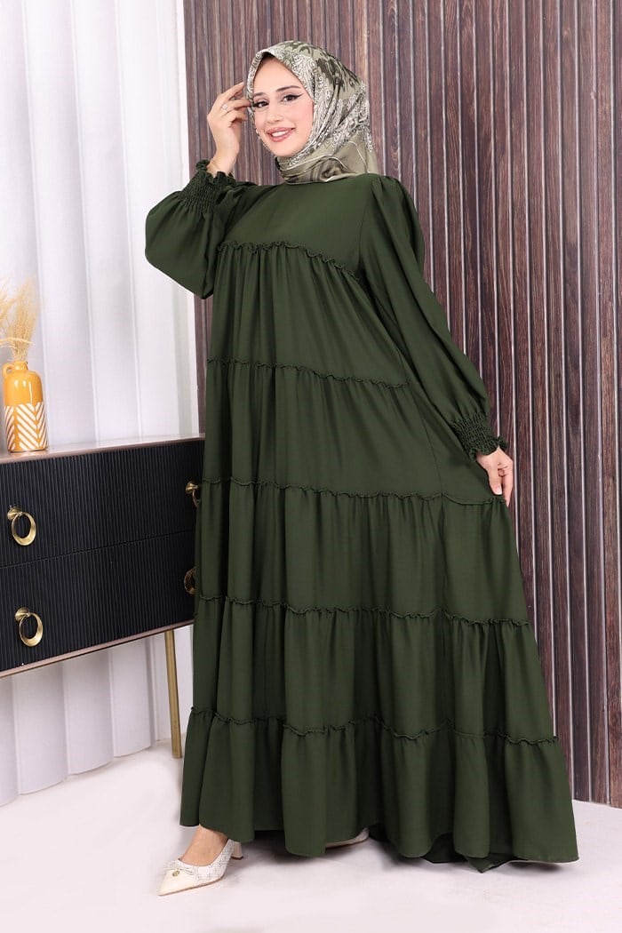 Dubai Katlı Salaş Elbise Haki