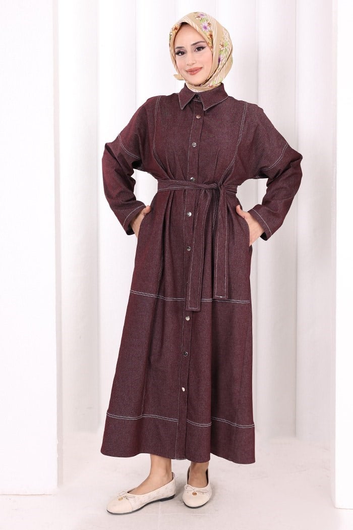 Düğmeli Denim Kot Elbise Bordo