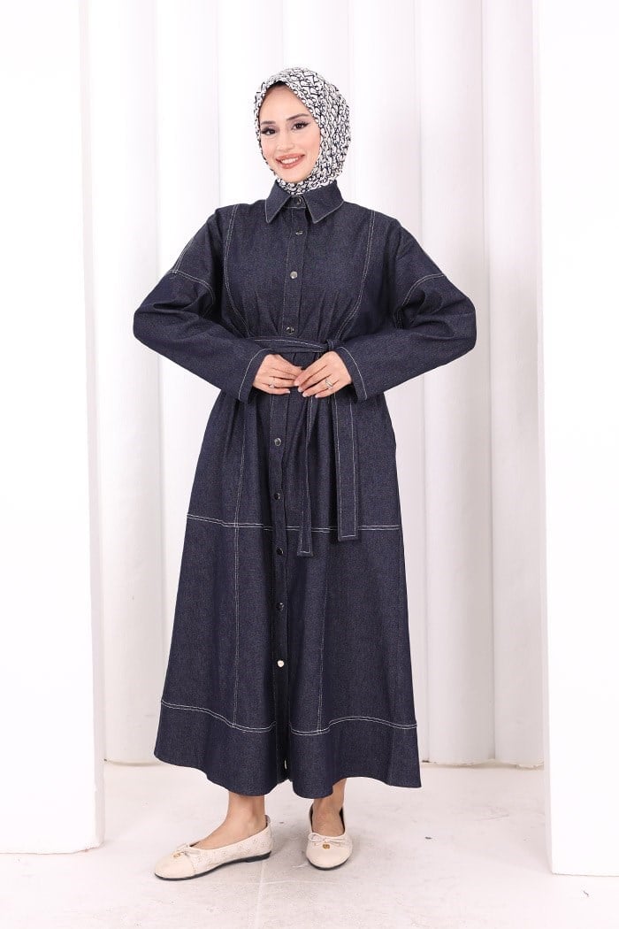 Düğmeli Denim Kot Elbise Lacivert