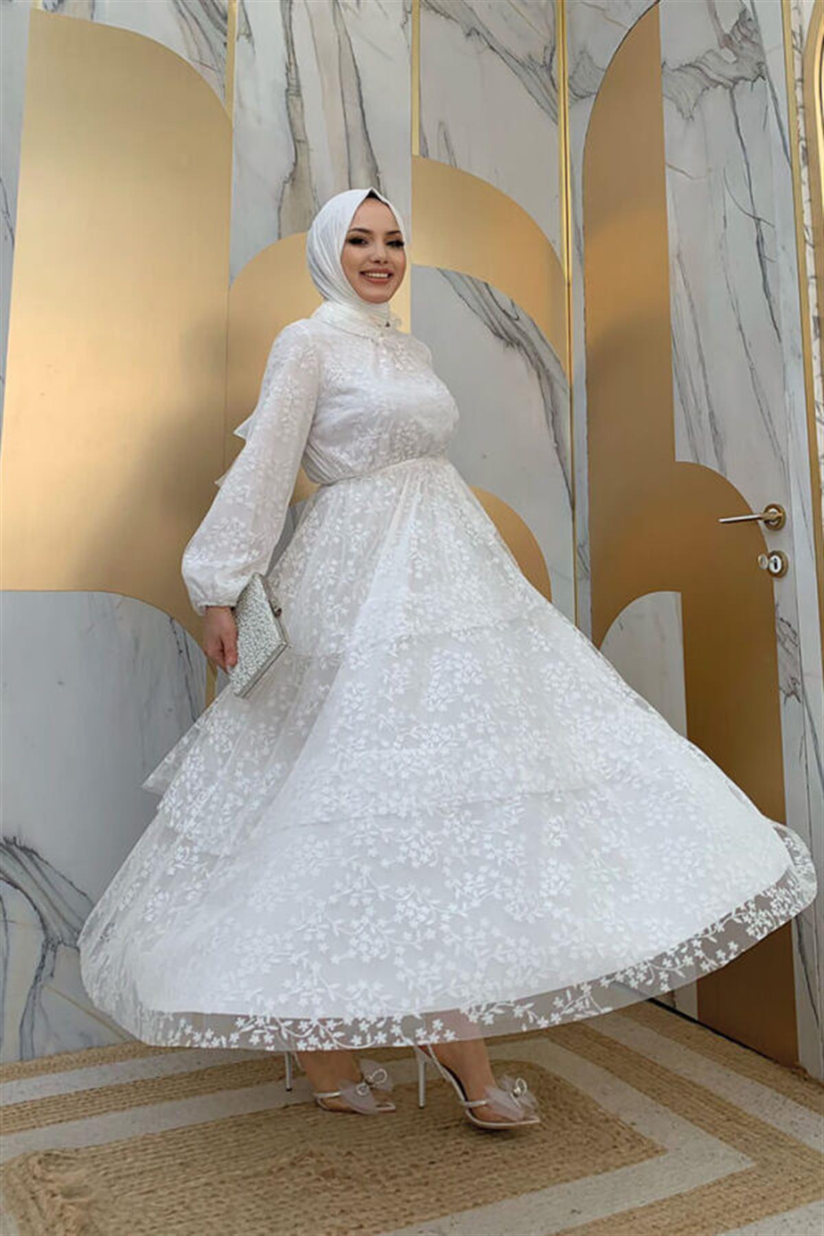 Ekru Dantel Kat Elbise 