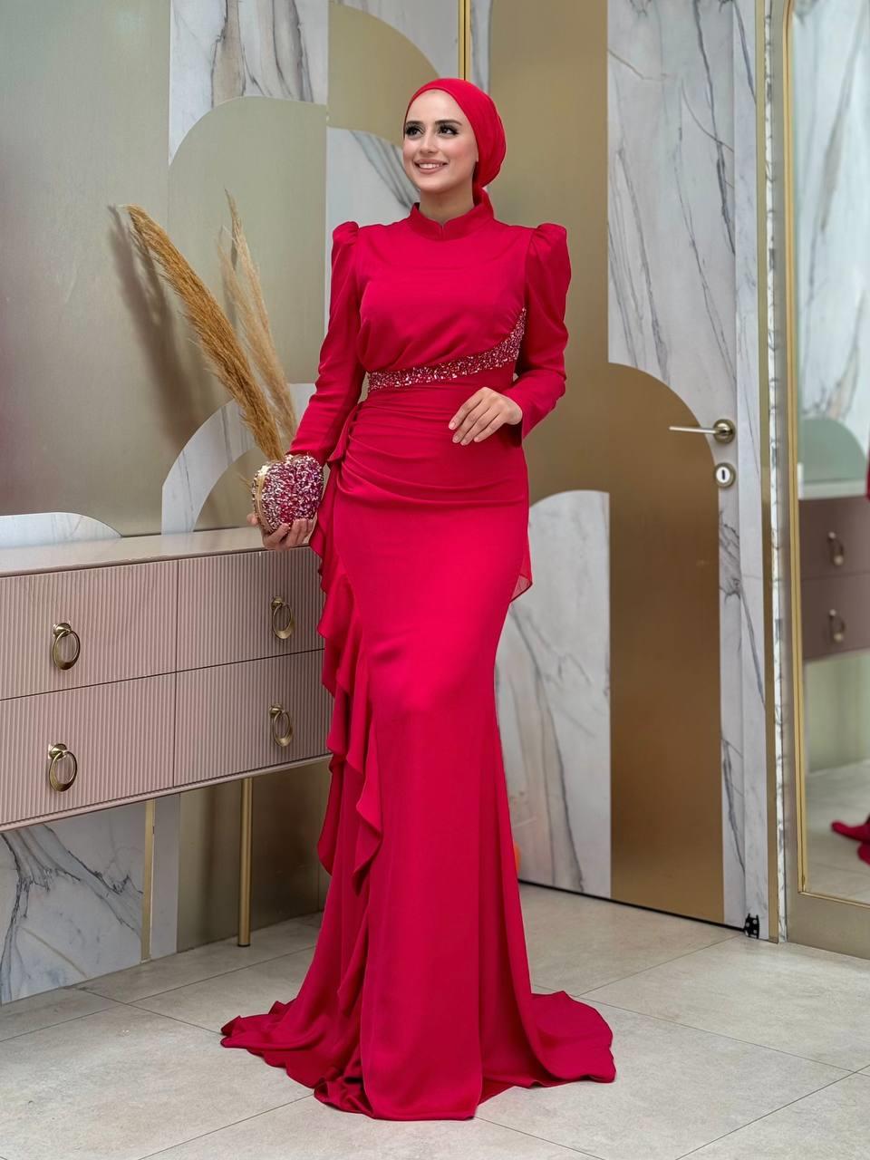 Fırfır Detaylı Abiye Kırmızı 