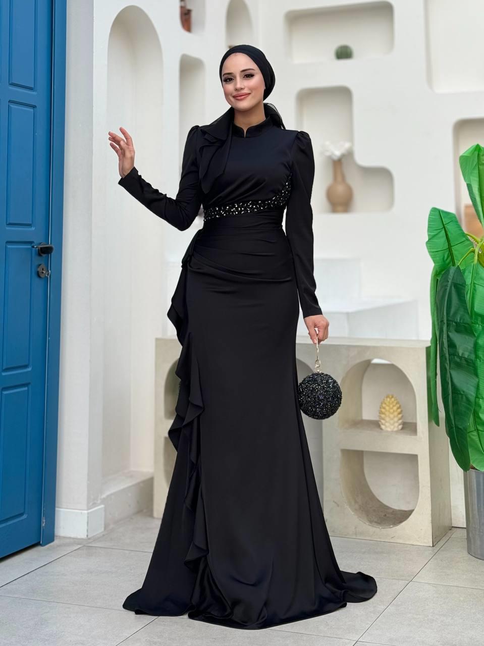 Fırfır Detaylı Abiye Siyah