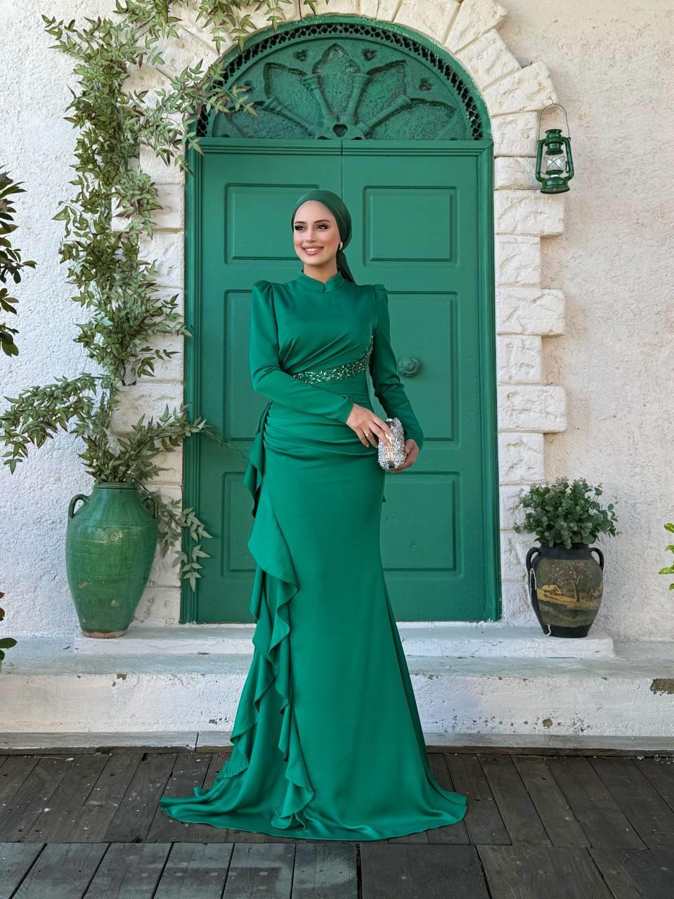 Fırfır Detaylı Abiye Zümrüt