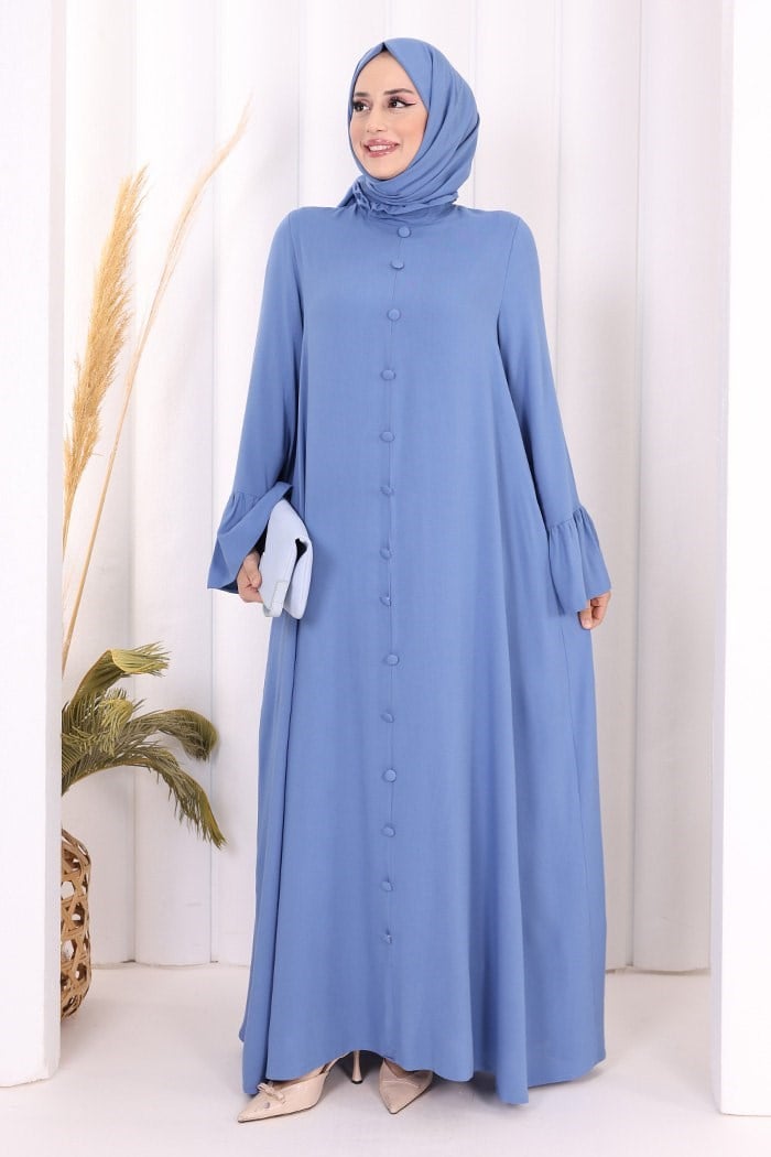 Fırfır Detayli Şal Hediyeli Elbise İndigo