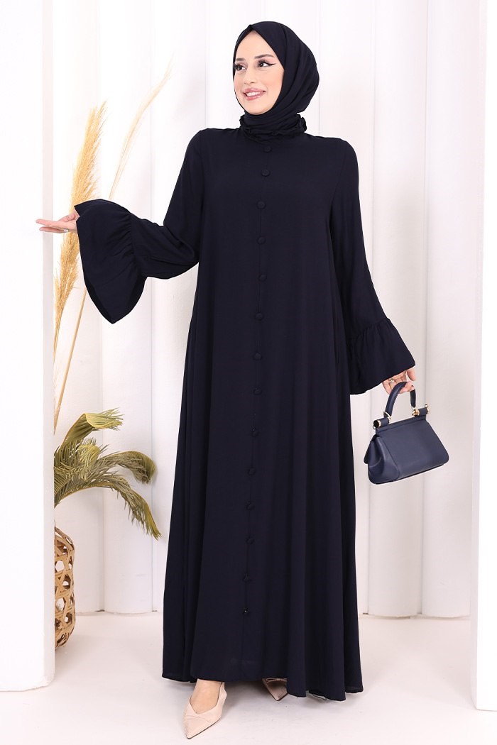 Fırfır Detayli Şal Hediyeli Elbise Lacivert 