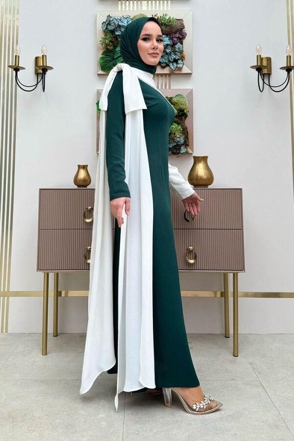 Fiyonk Abiye Elbise Ekru-Zümrüt 