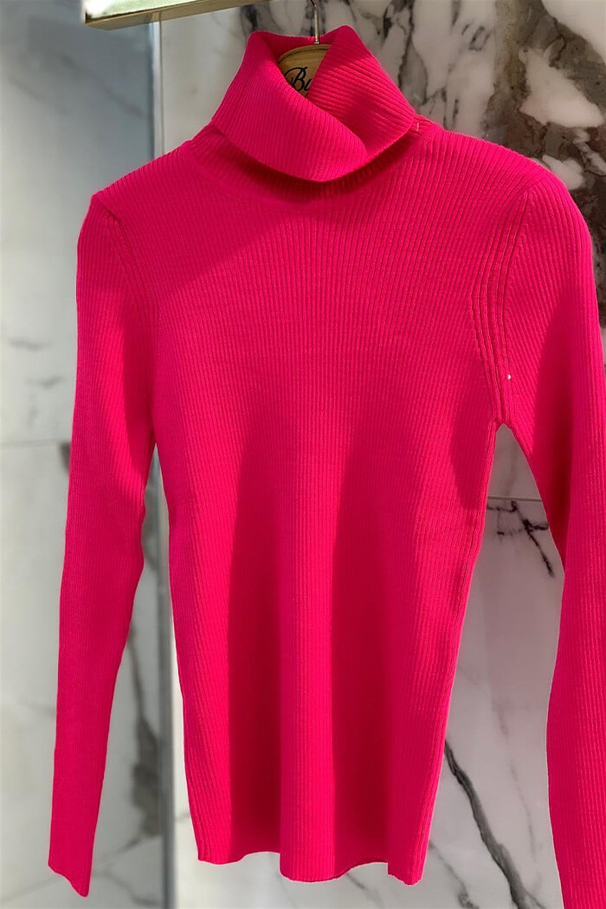 Fuşya Balıkçı Yaka Triko Kazak 