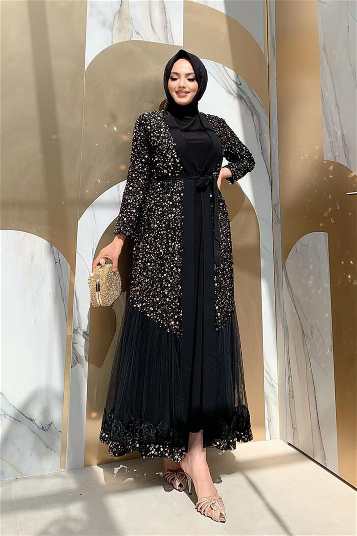 Gold Payetli Abaya Elbise Takim