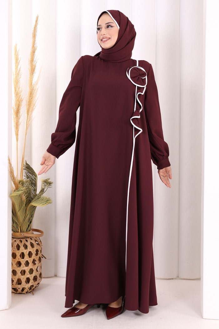 Gül Detayli Şal Hediyeli Elbise Bordo