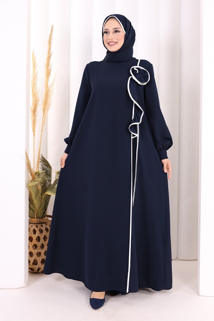 Gül Detayli Şal Hediyeli Elbise Lacivert