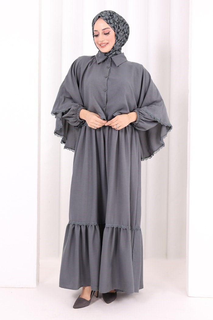 Güpürlü Pelerinli Elbise Antrasit