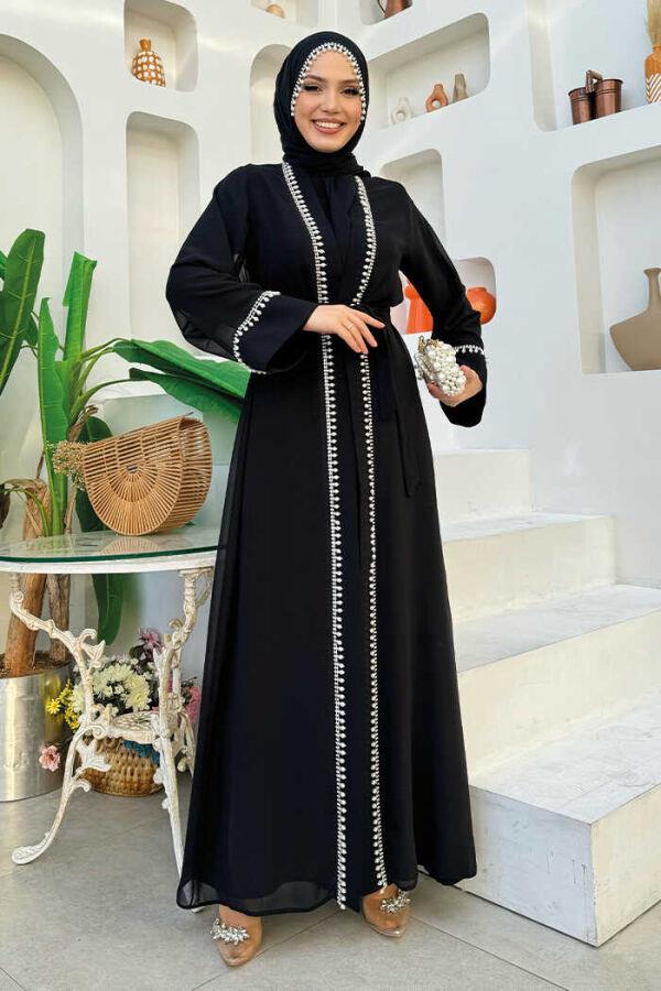 İncili Abaya Elbise Siyah 