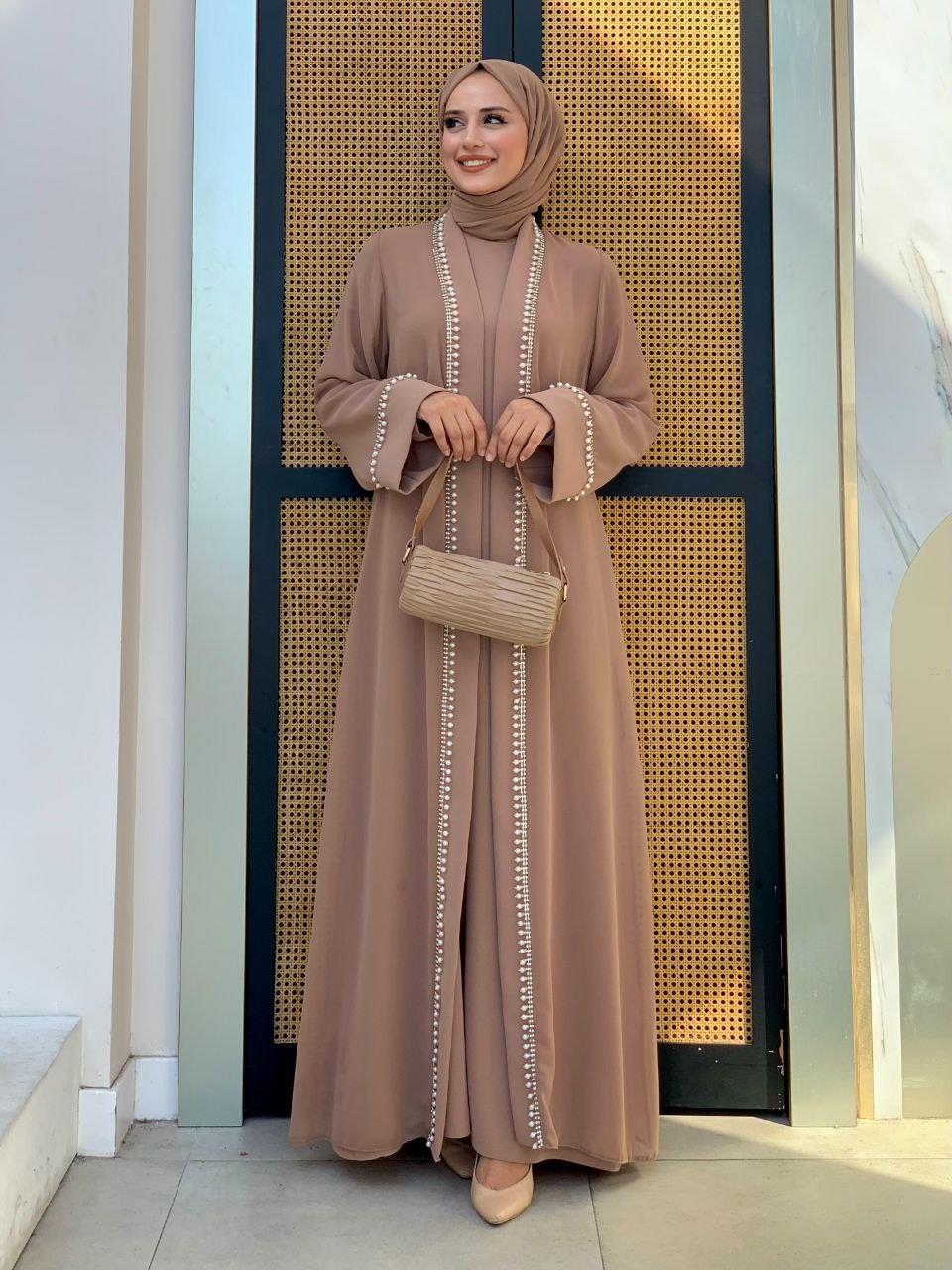 İncili Abaya Elbise Takım Vizon