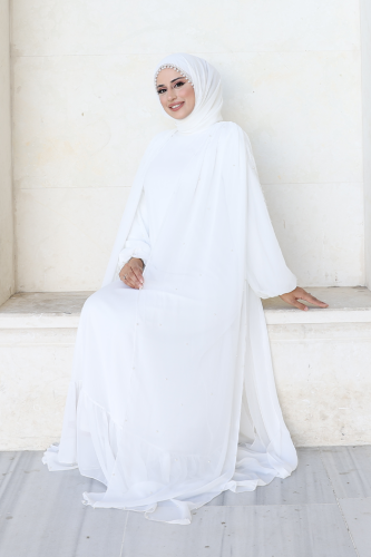 İncili Pelerinli Elbise Beyaz