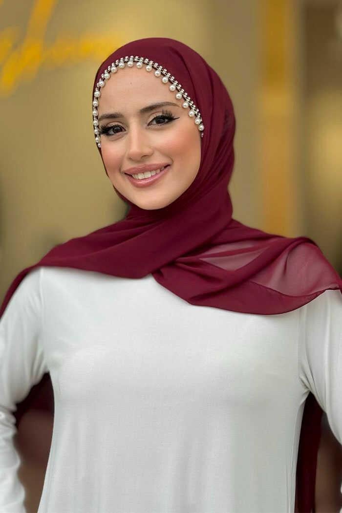 İncili Şifon Şal Bordo