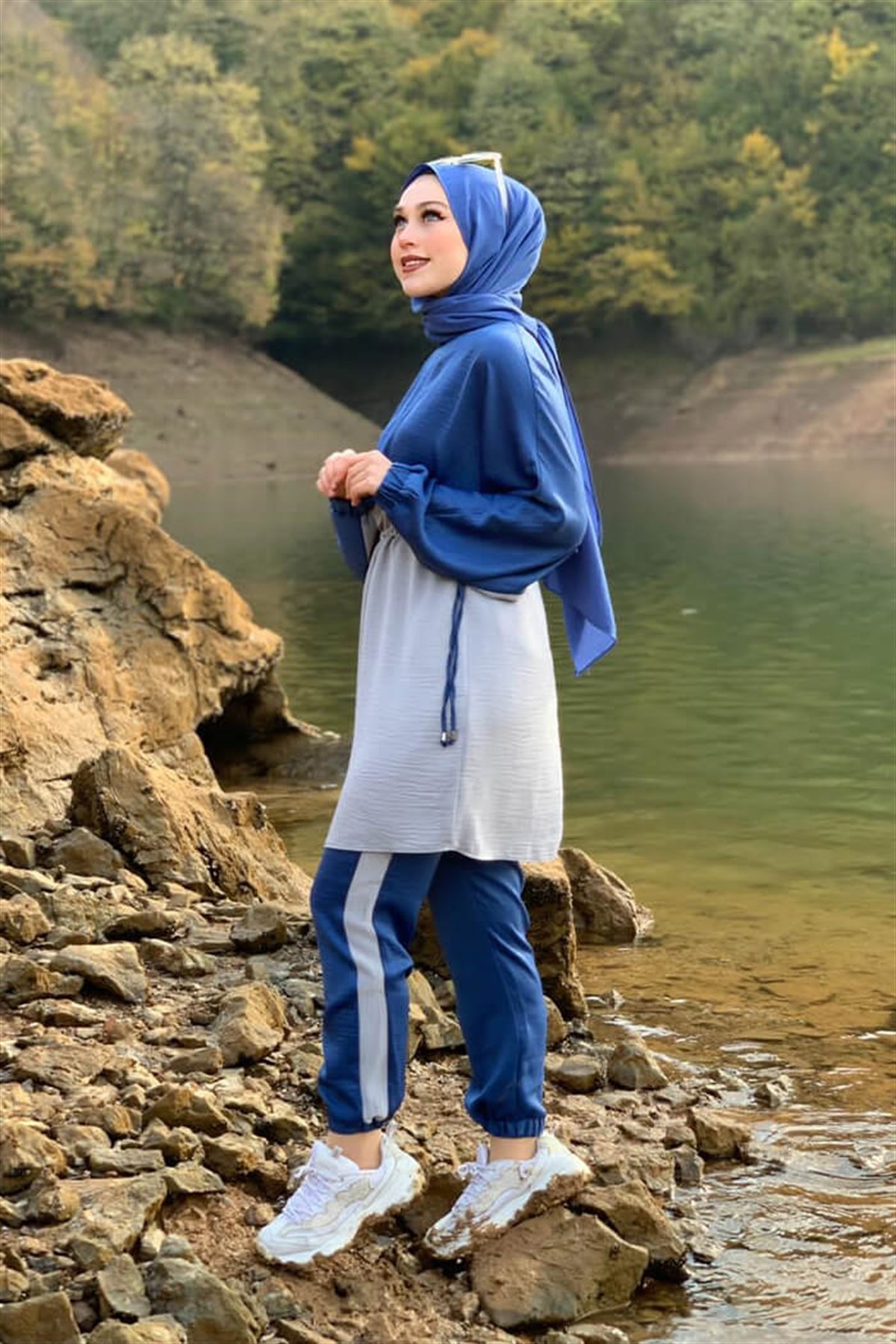 İndigo Takım Beli Büzgülü Yarasa kol Detay Paça Lastikli