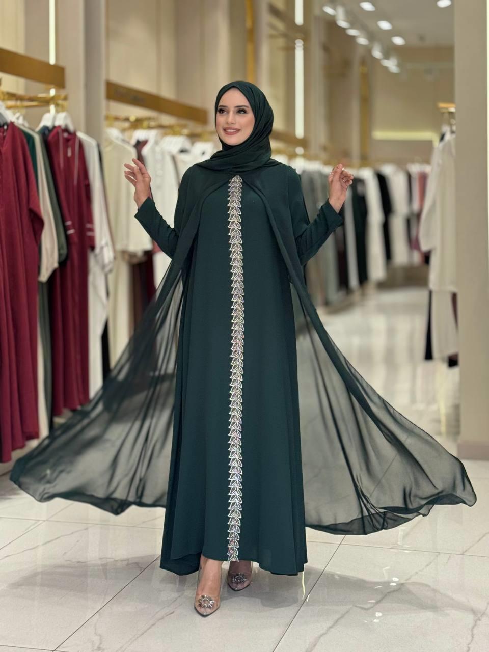 İşlemeli Abiye Elbise ve Şal Takım Zümrüt 