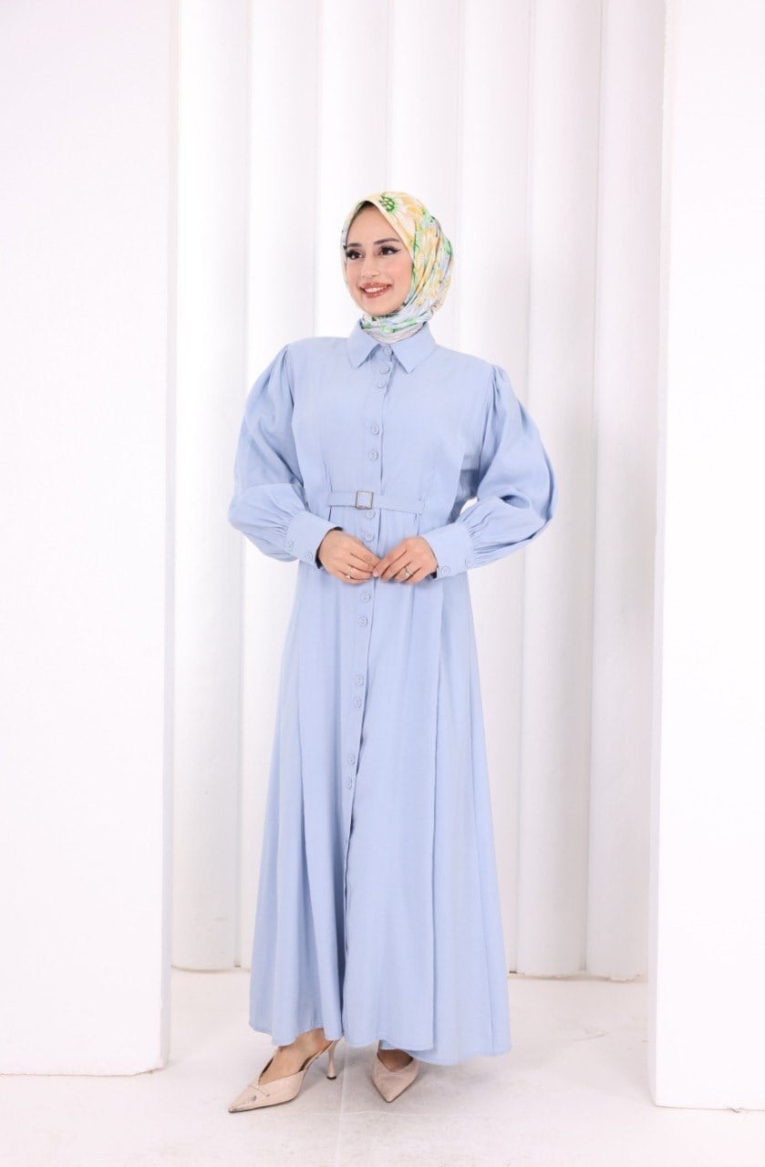 Kemerli Kloş Elbise Mavi