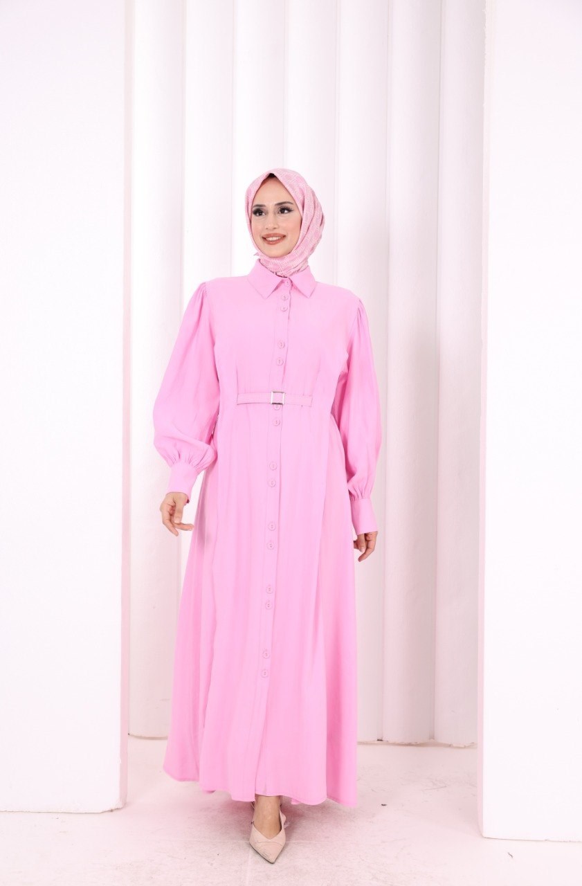 Kemerli Kloş Elbise Pembe