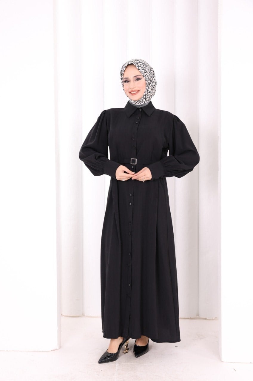 Kemerli Kloş Elbise Siyah