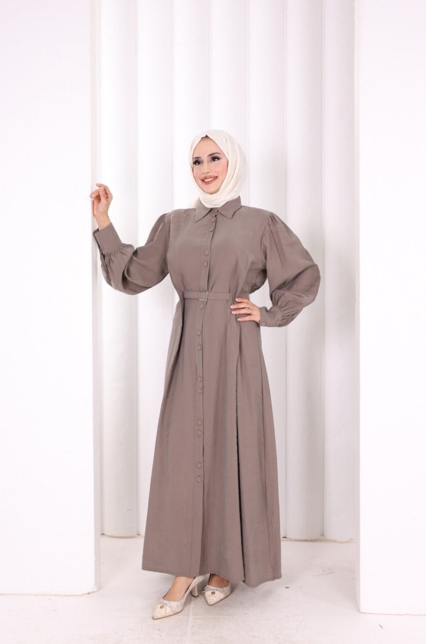 Kemerli Kloş Elbise Vizon