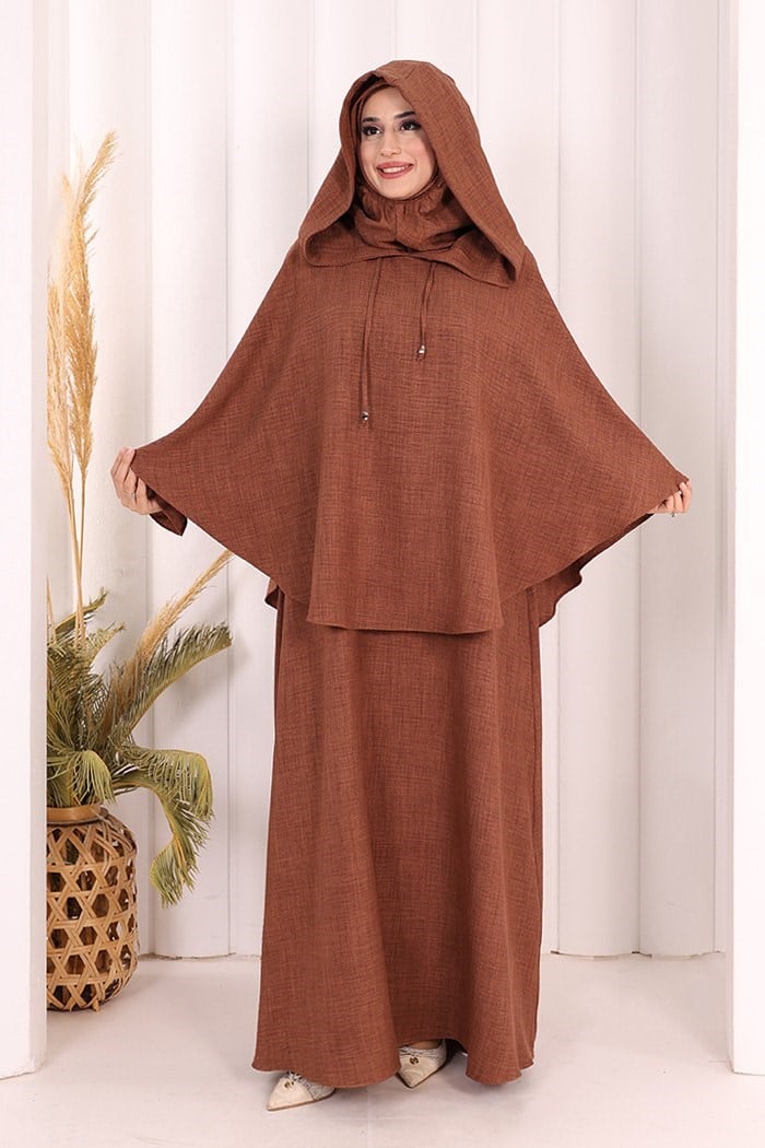 Keten Sufleli Elbise Takım Taba