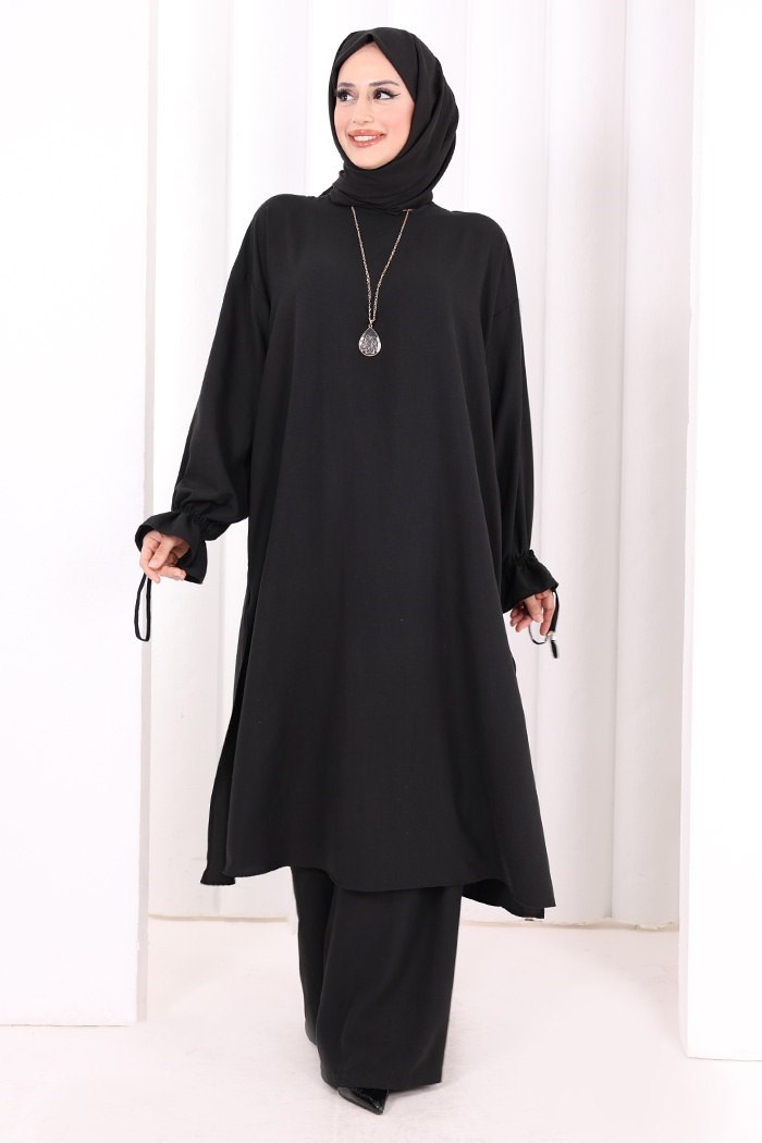 Kolyeli Pantolonlu Takım Siyah