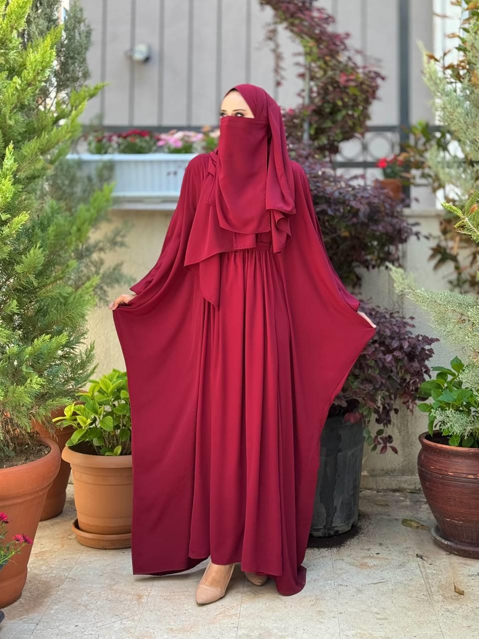 Kuşaklı Peçeli Ve  Şallı Elbise Bordo 