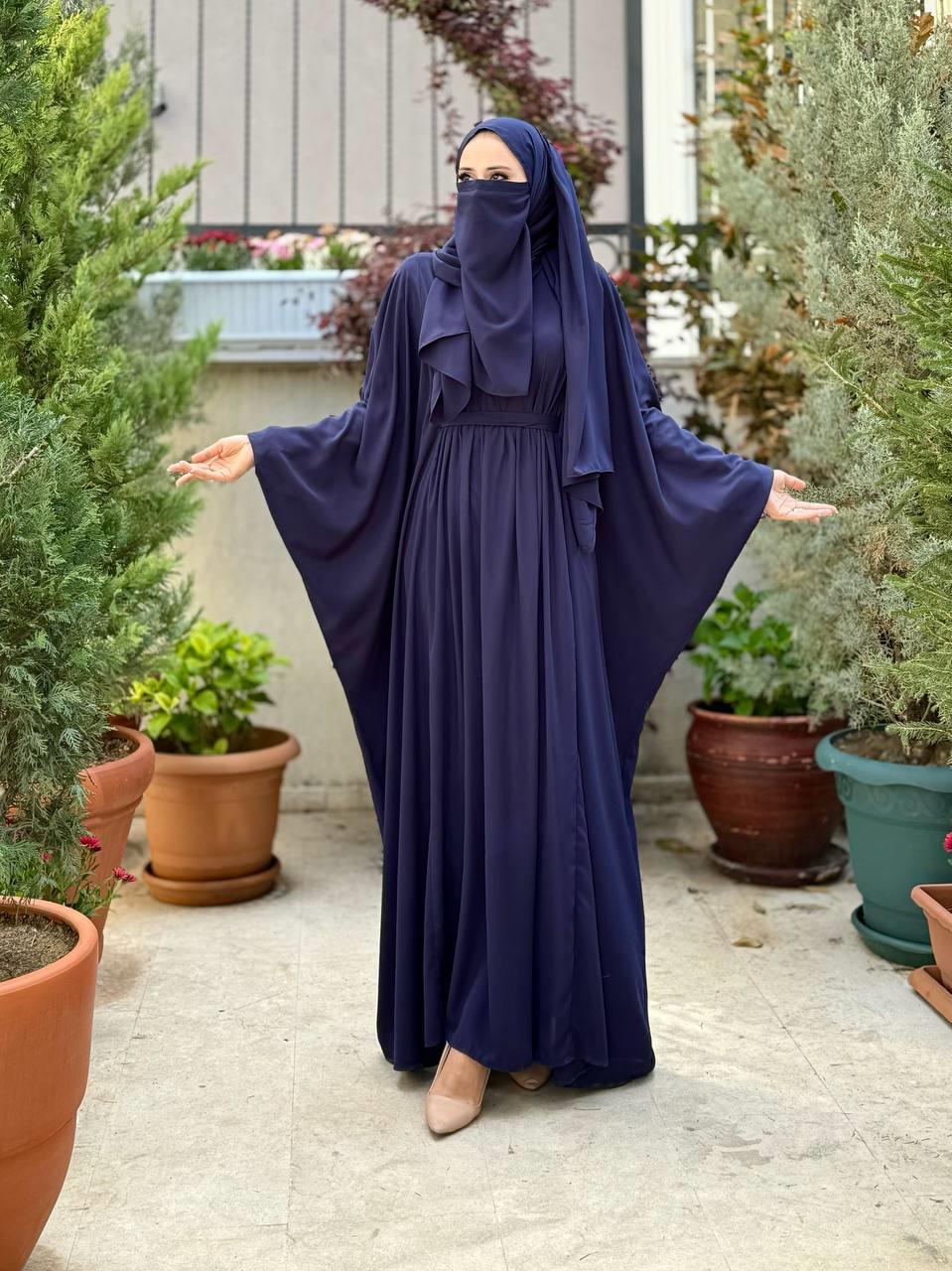 Kuşaklı Peçeli Ve  Şallı Elbise Lacivert 