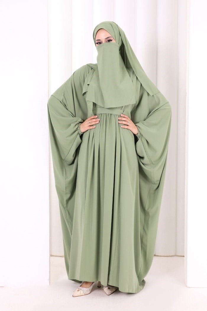 Kuşaklı Peçeli Ve  Şallı Elbise Mint Yeşili 