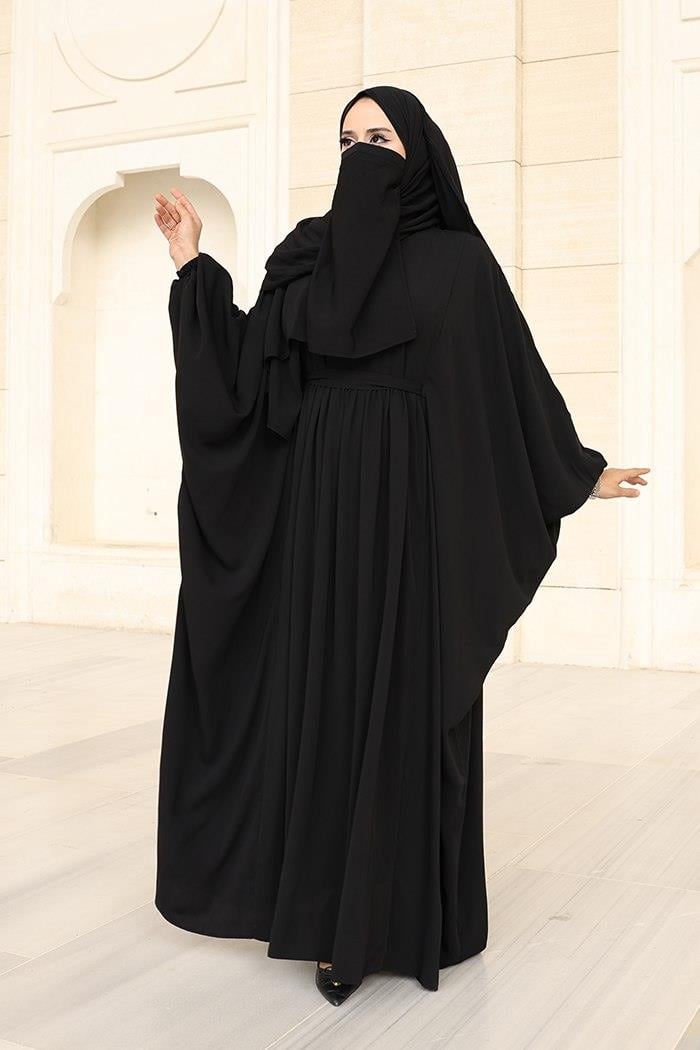 Kuşaklı Peçeli Ve  Şallı Elbise Siyah