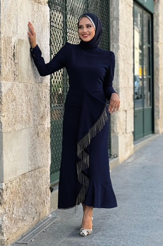 Lacivert Püsküllü Abiye