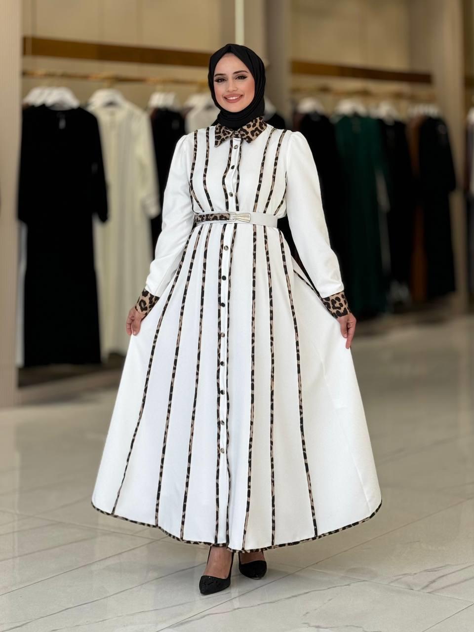 Leopar Detaylı Kemerli Elbise 