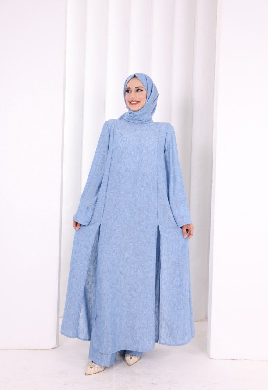Pantolun Tunik Şal Takım Mavi