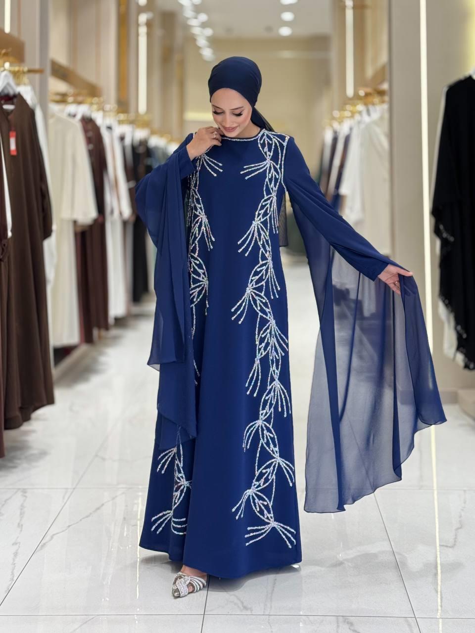 Pelerin Detaylı Taşlı Abiye Elbise Lacivert 