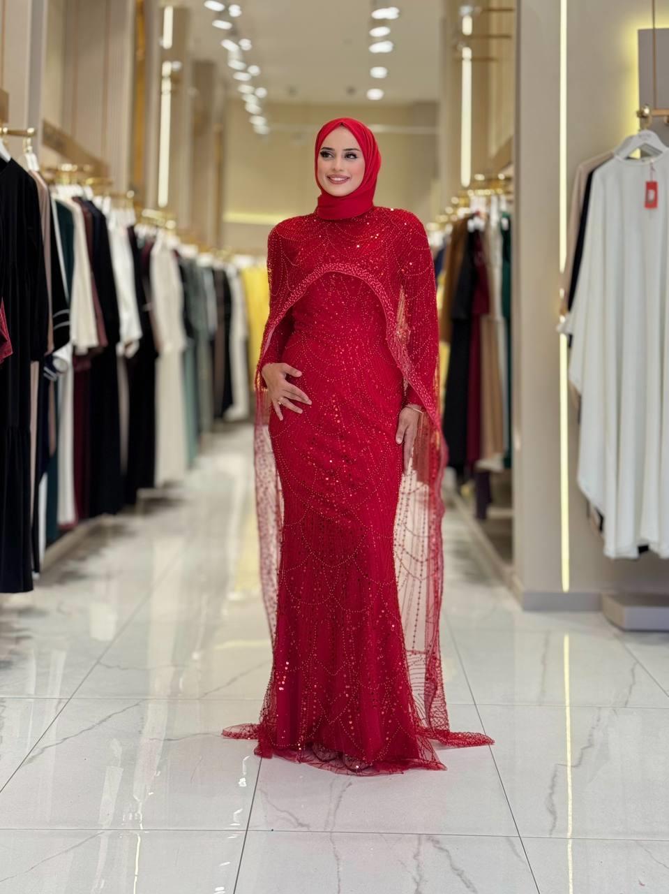 Pelerinli Abiye Kırmızı