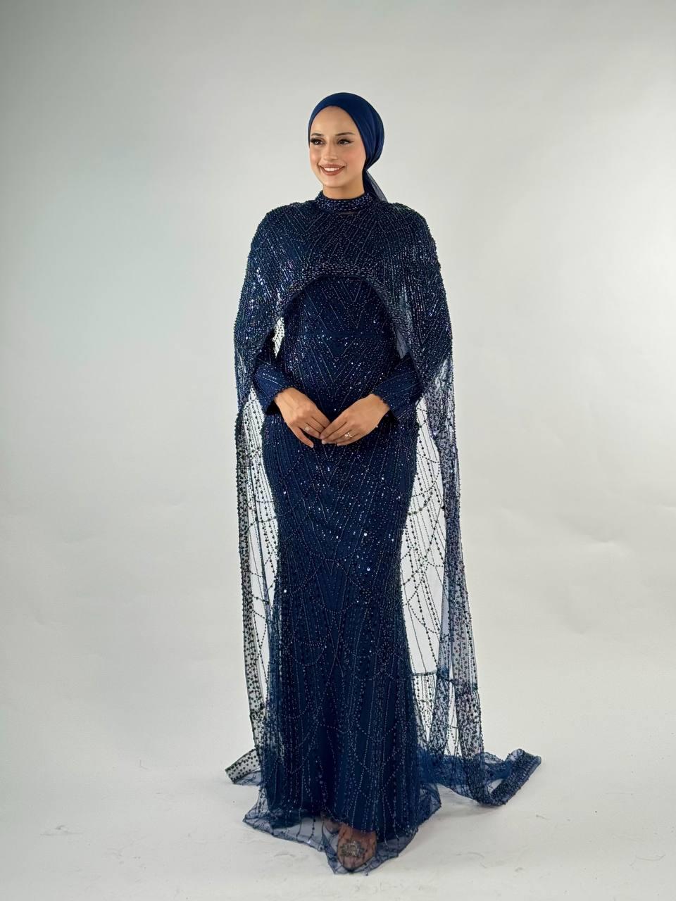 Pelerinli Abiye Lacivert