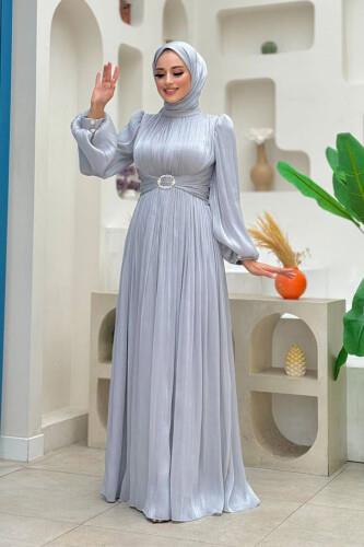 Pileli Abiye Elbise Gri