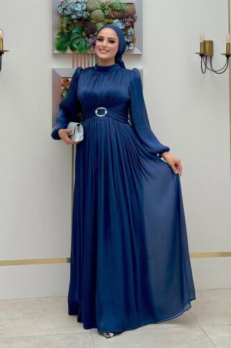 Pileli Abiye Elbise Lacivert