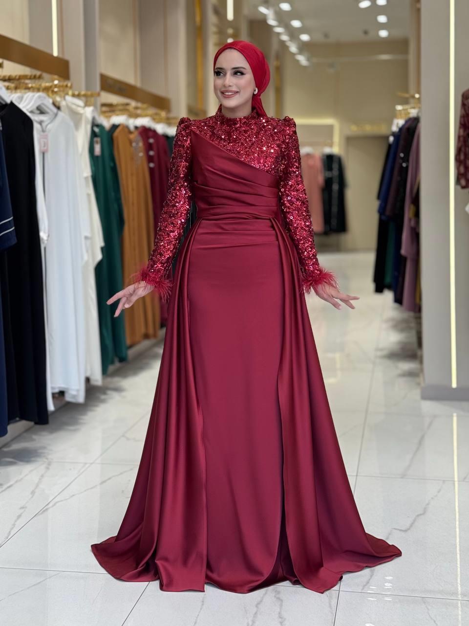 Pul Payet Saten Abiye Bordo 