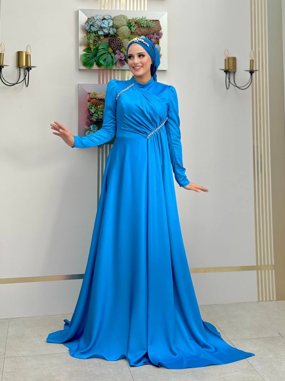 Saten Taşlı Abiye Mavi